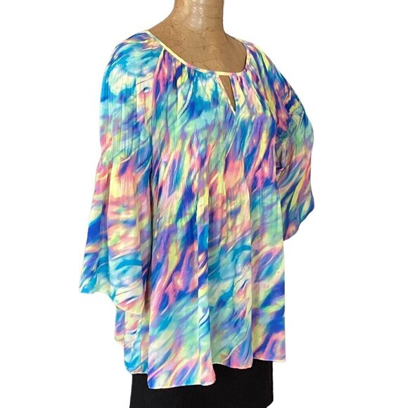 Spense Flowy Watercolor Swirls Tunic Top Bell Sleeve Keyhole Neck XL 288G - Picture 3 of 7